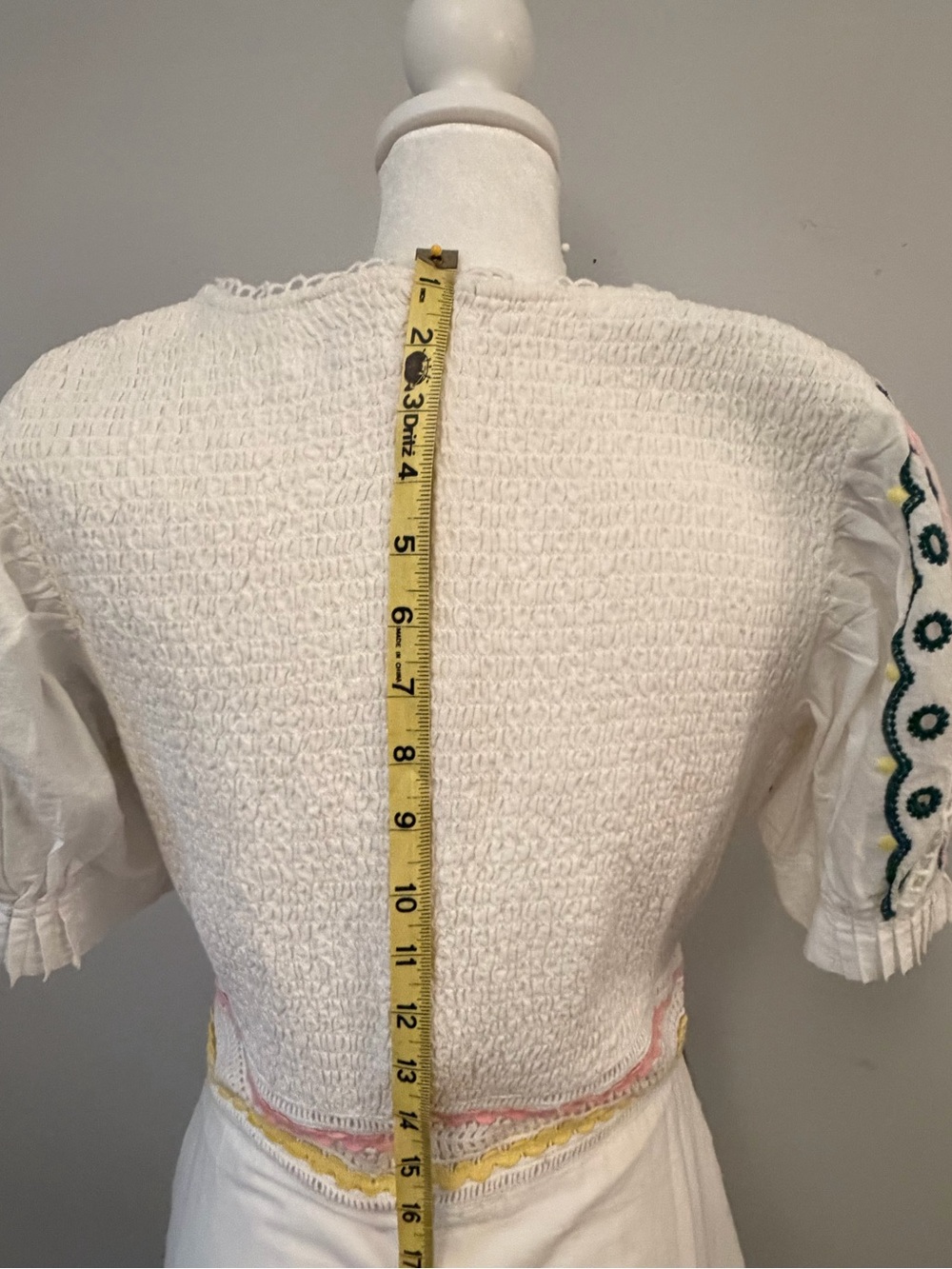 Boheme White Maxi Dress. Eyelet Embroidery and Blush/Yellow Trim - Picture 13 of 16